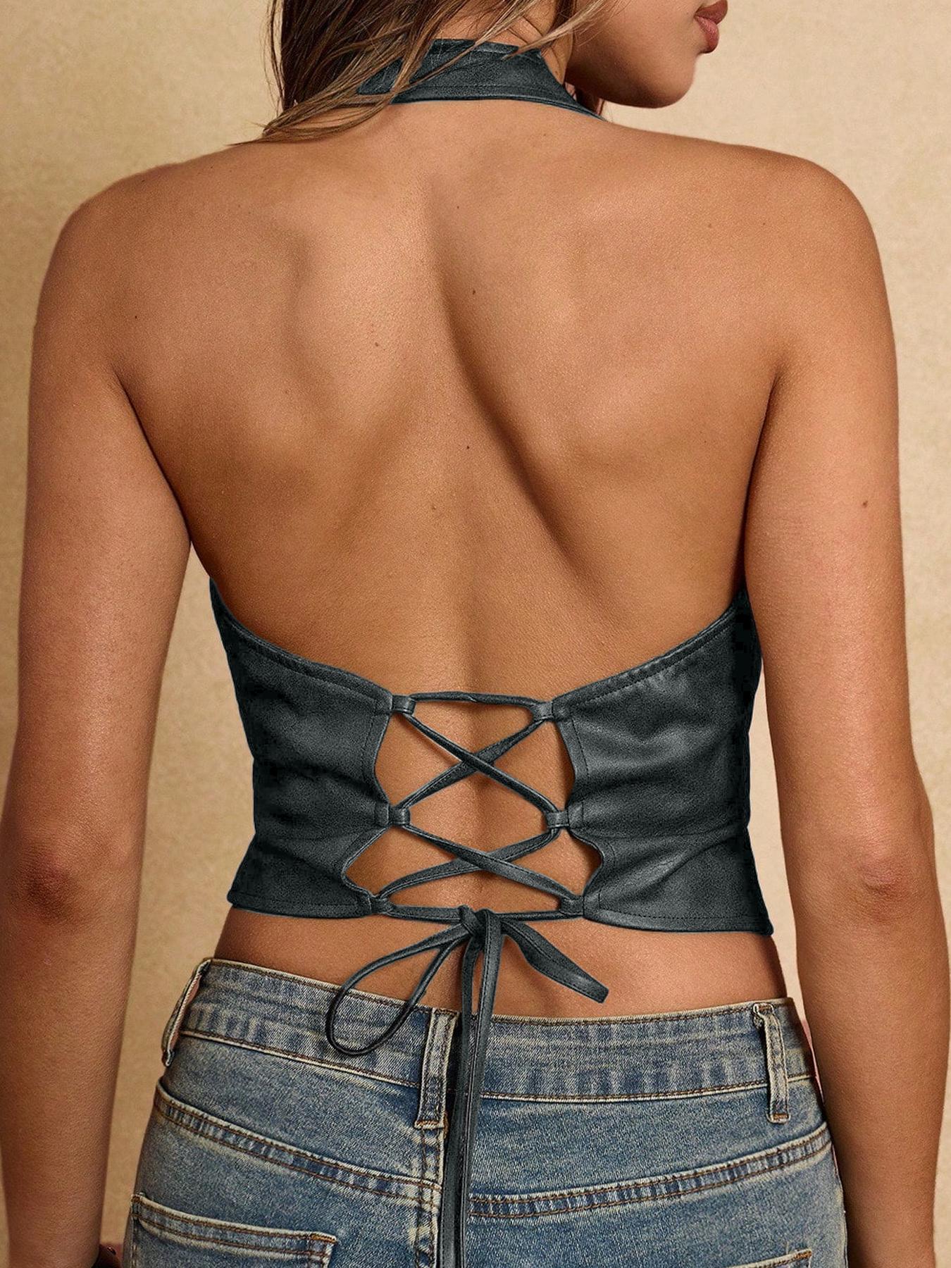 Women's Backless Waist Cinched Sleeveless Vest, Summer Fashion, PU Material, Fitting, Plain Pattern, Casual Wear