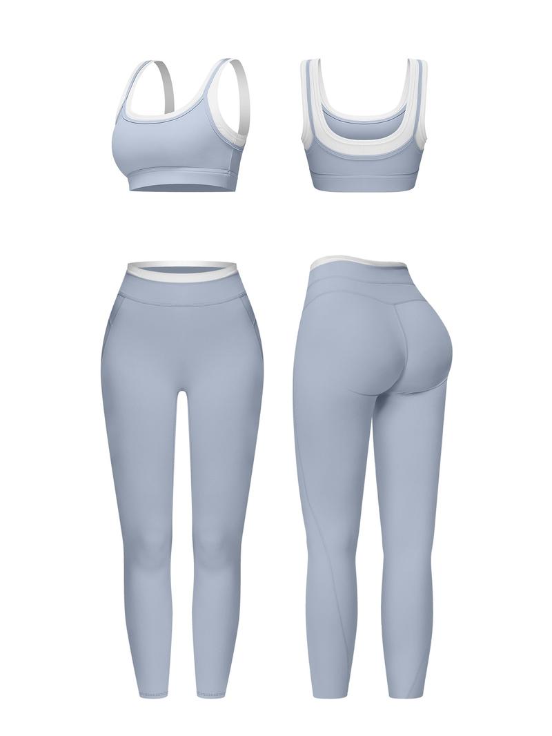 Women's Two-Piece Colorblock Yoga Set, High-Waisted Ribbed Casual Fitness Sportswear, Versatile for Gym Workout