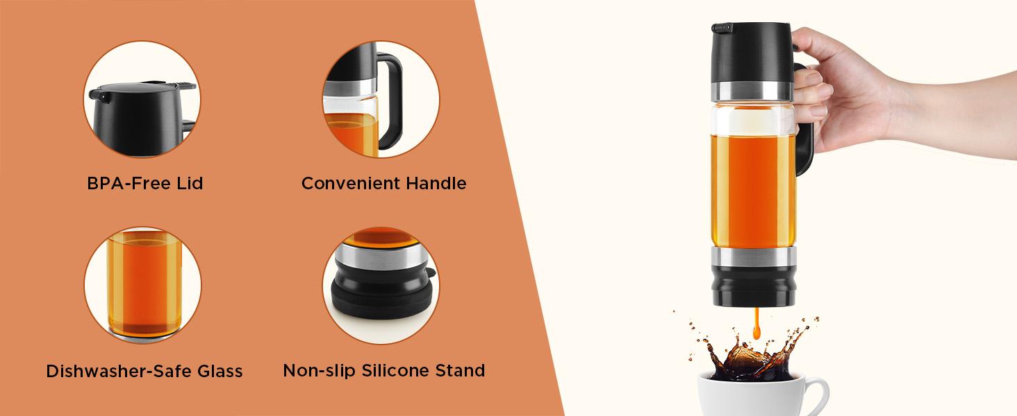 Coffee Syrup Dispenser, Honey Dispenser, 12 OZ Glass Syrup Bottles with Handle, No Drip Pouring, Coffee Bar Accessories for Coffee and Tea, Black 2 Pack