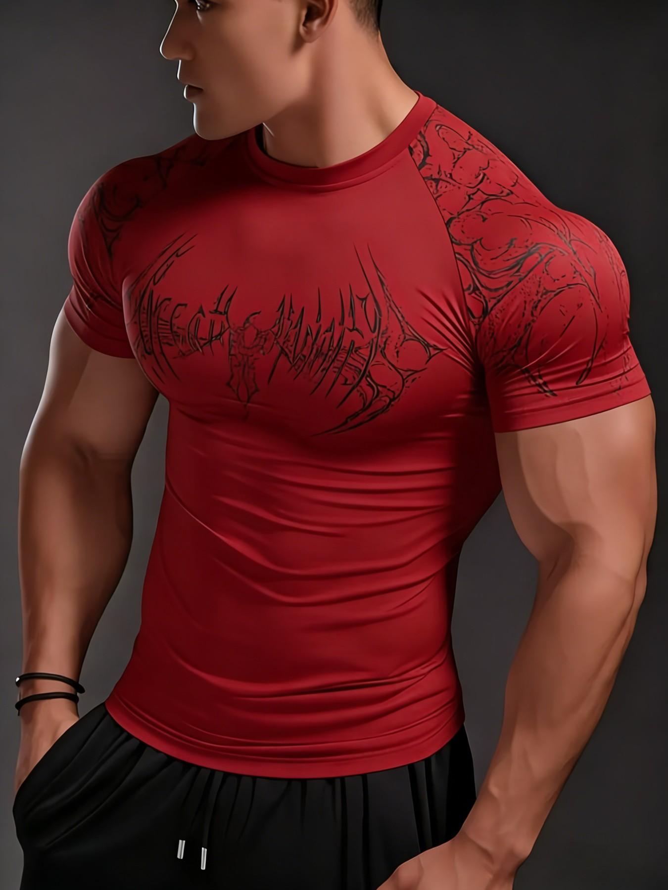 Men's High Elastic Quick-Dry Sports Short Sleeve Shirt, Geometric Print Gym Training Top, Casual Loose-Fitting Long Sleeve Tee