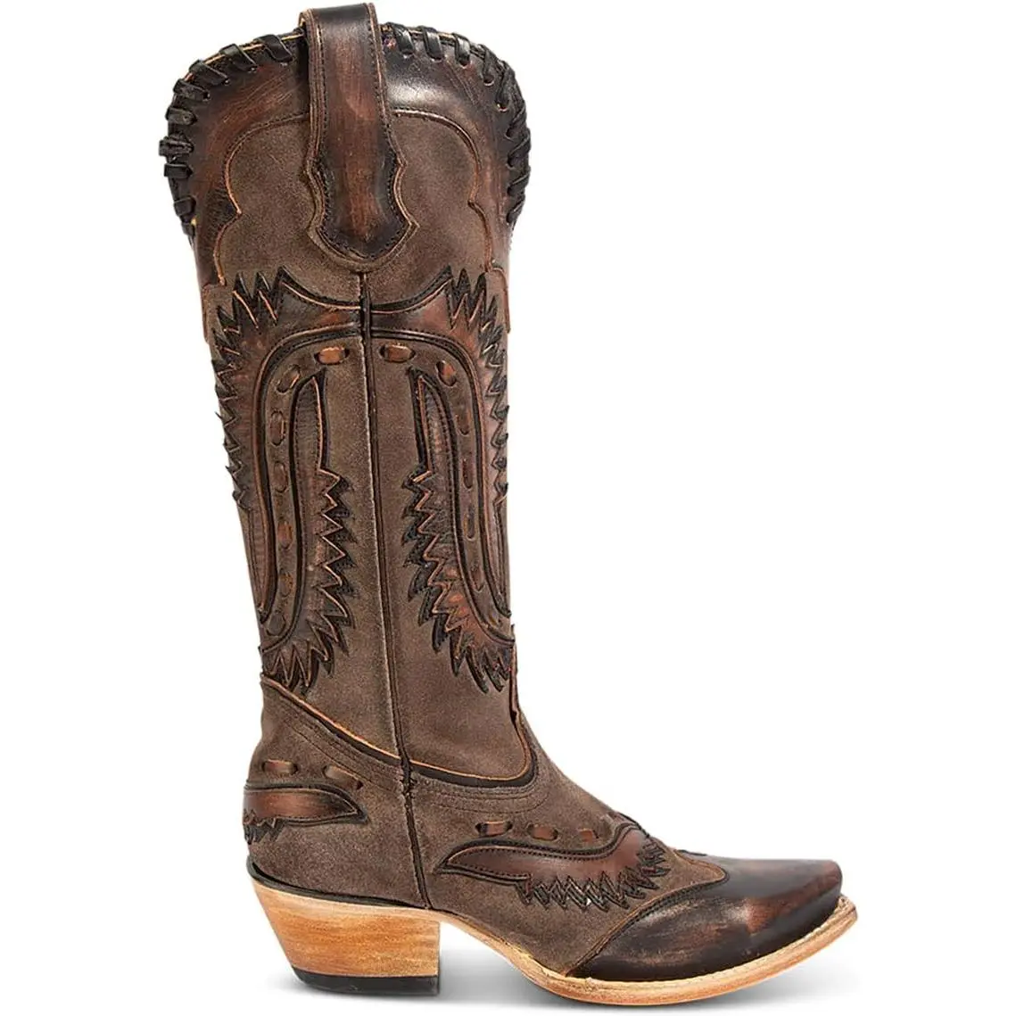 Women's Swallow Floral Embroidered Cowgirl Boots - Chunky Low Heels - Handmade Rivets - Western Cowboy Knee High Boots - Pull On - Blue, Black, Green - Patchwork - Wide Calf