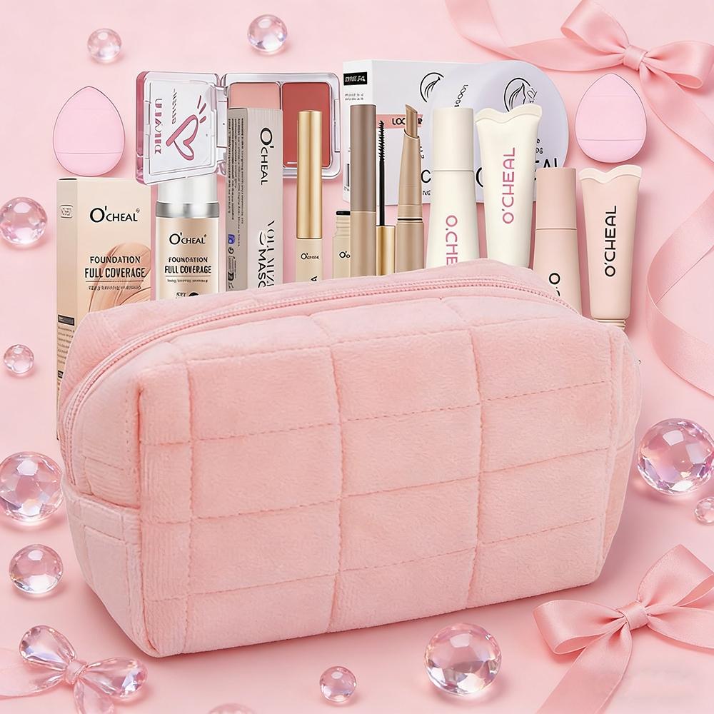 10 Piece Romantic Makeup Set, All-in-One Makeup Bag, Foundation, Setting Powder, Multifunctional Blush, Lip Gloss, Lash Primer, Contour Stick & Sponge, Gift for Wedding Season/Gift-Giving Season