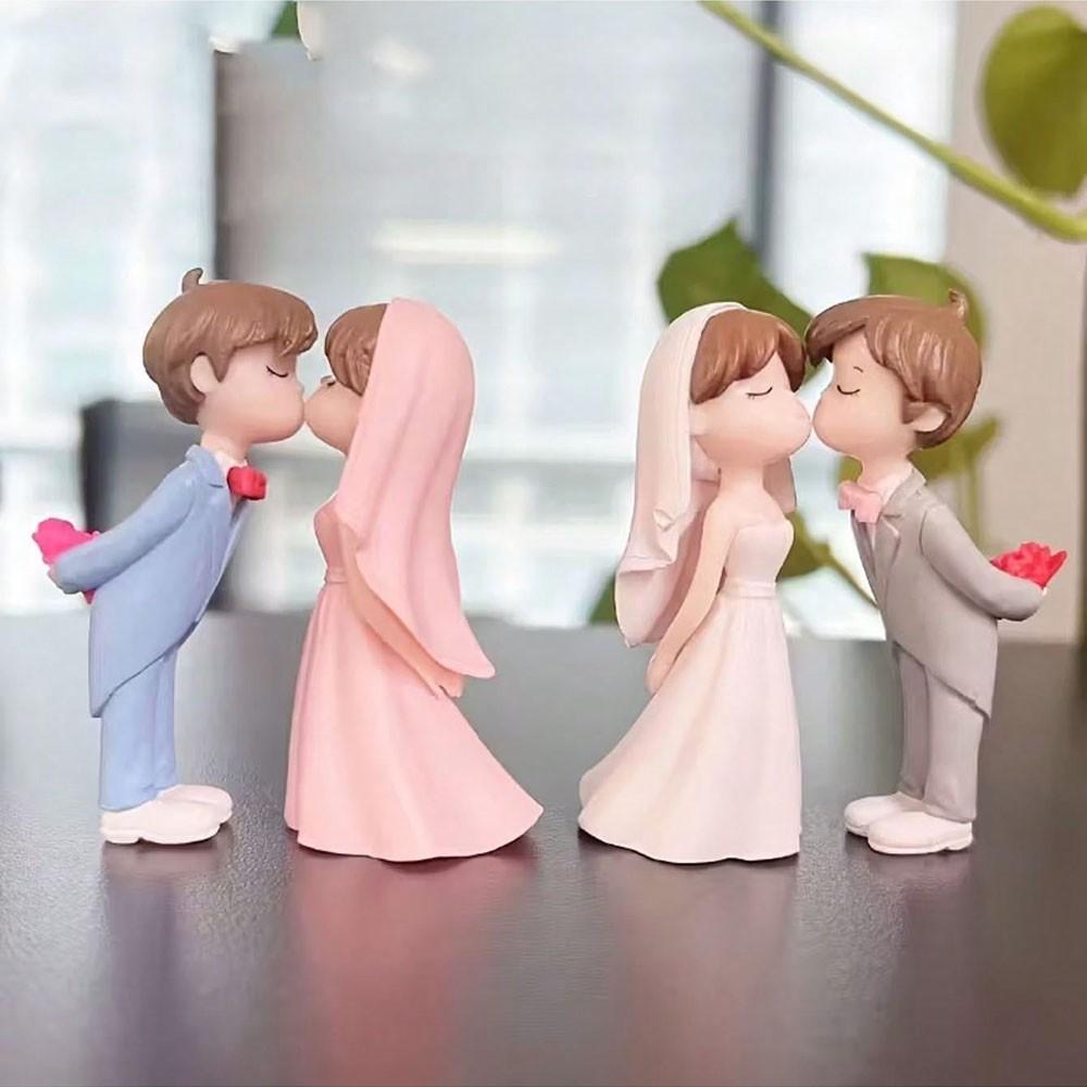 2pcs Cartoon Wedding Couple Statues, Plastic Miniature Landscape DIY Decor, Romantic Bride Decoration, Festive Display, Desktop & Window Shelf