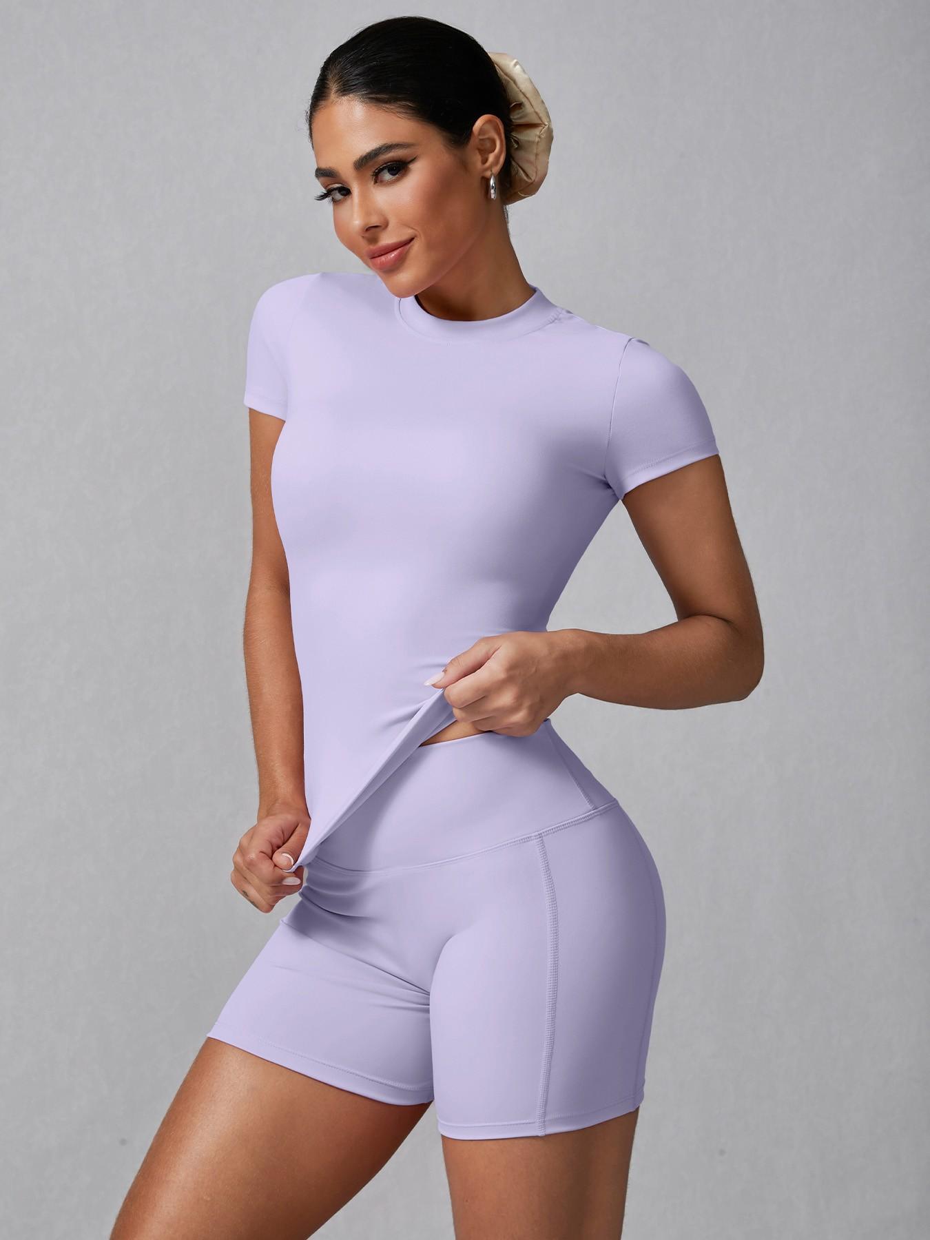 Women's Solid Ribbed Tee & High Waist Shorts Loungewear, Casual Comfy Round Neck Short Sleeve T-Shirt & Skinny Shorts PJ Set, Ladies Sleepwear for Summer, Pajama