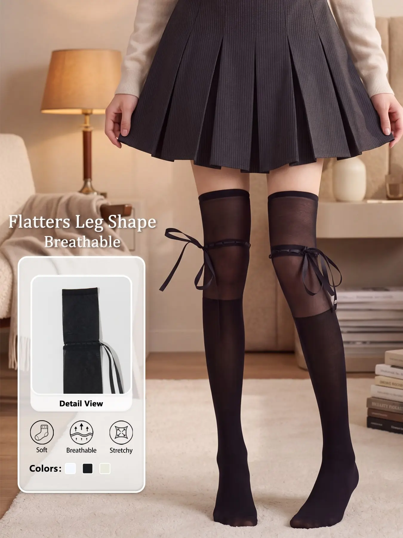 【3 pairs】Womens Summer Sheer Thigh High Socks Bow Over Knee Solid Ballet Core Daily Wear