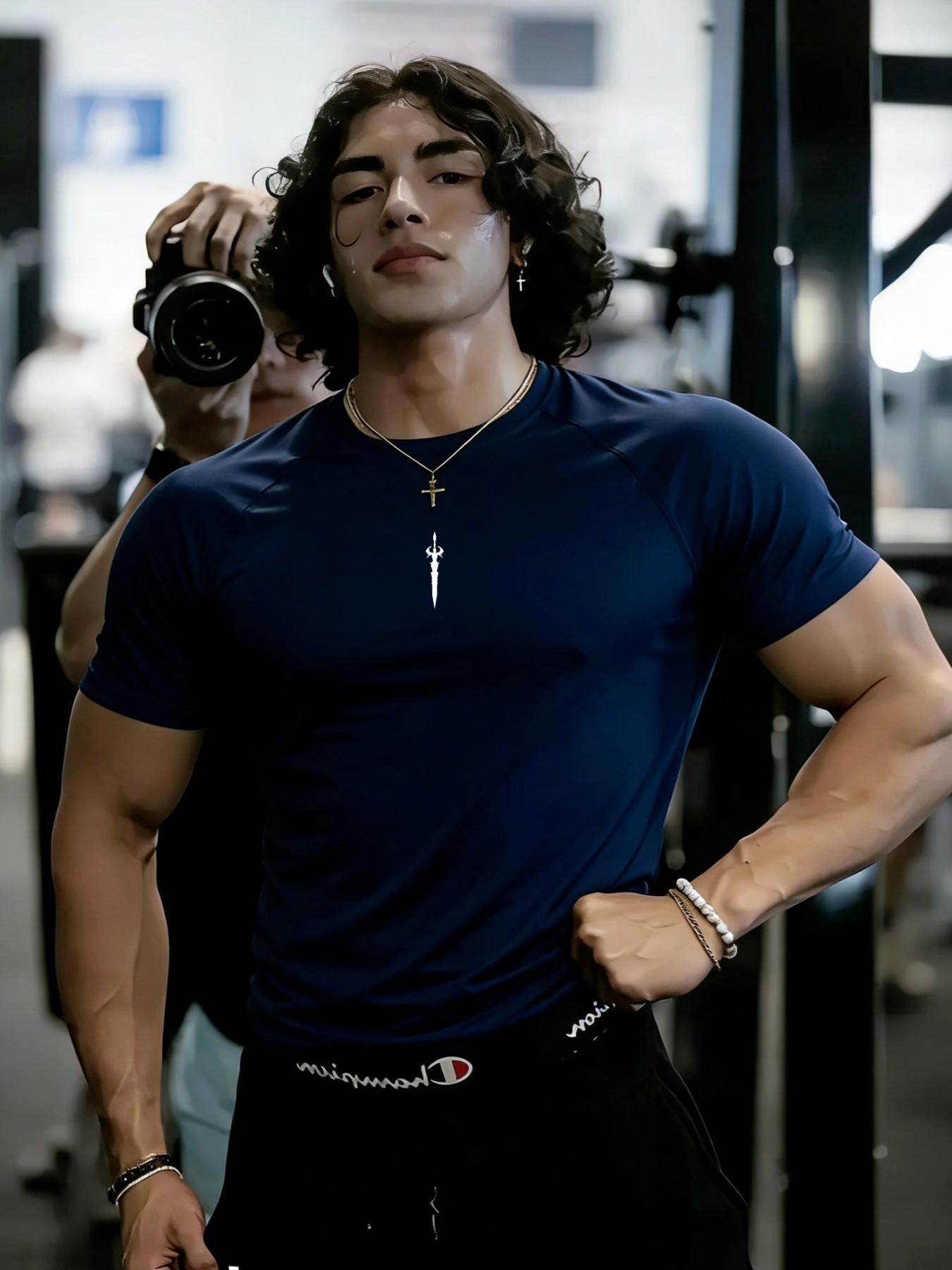 Men's New Fitness Short Sleeve Sword Print Trendy T-Shirt, High Elasticity Tight Fit Quick-Dry Sports Cycling Shirt, Men's Fashion Top