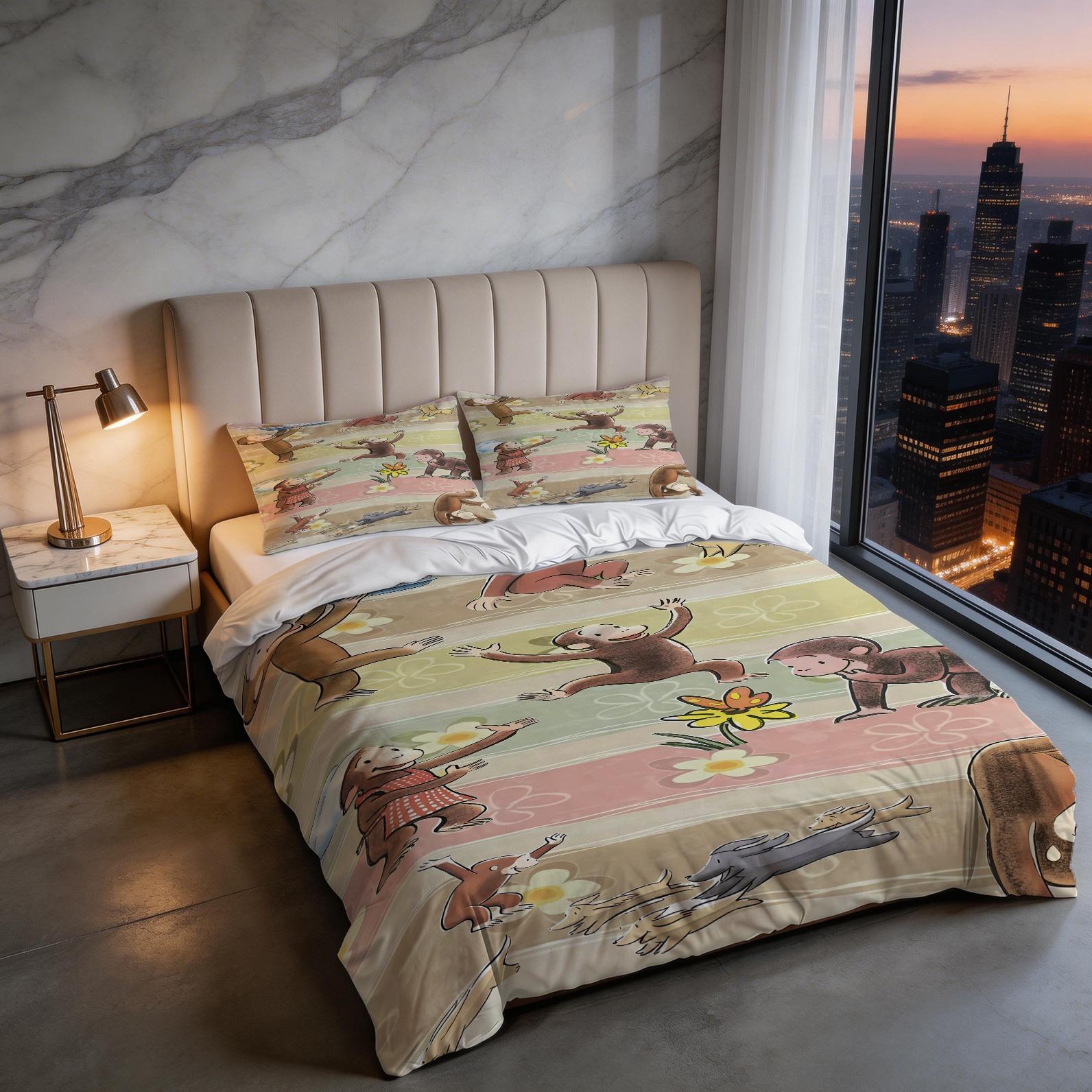 2/3 Piece Curious George Duvet Cover Set, 1 Duvet Cover + 1/2 Pillowcases NO FILLING INCLUDED, Cute Cartoon Monkey Leopard Star Bedding, Kids Bedroom Decor for Boys Girls Teens, Ideal Gift for Curious George Fans