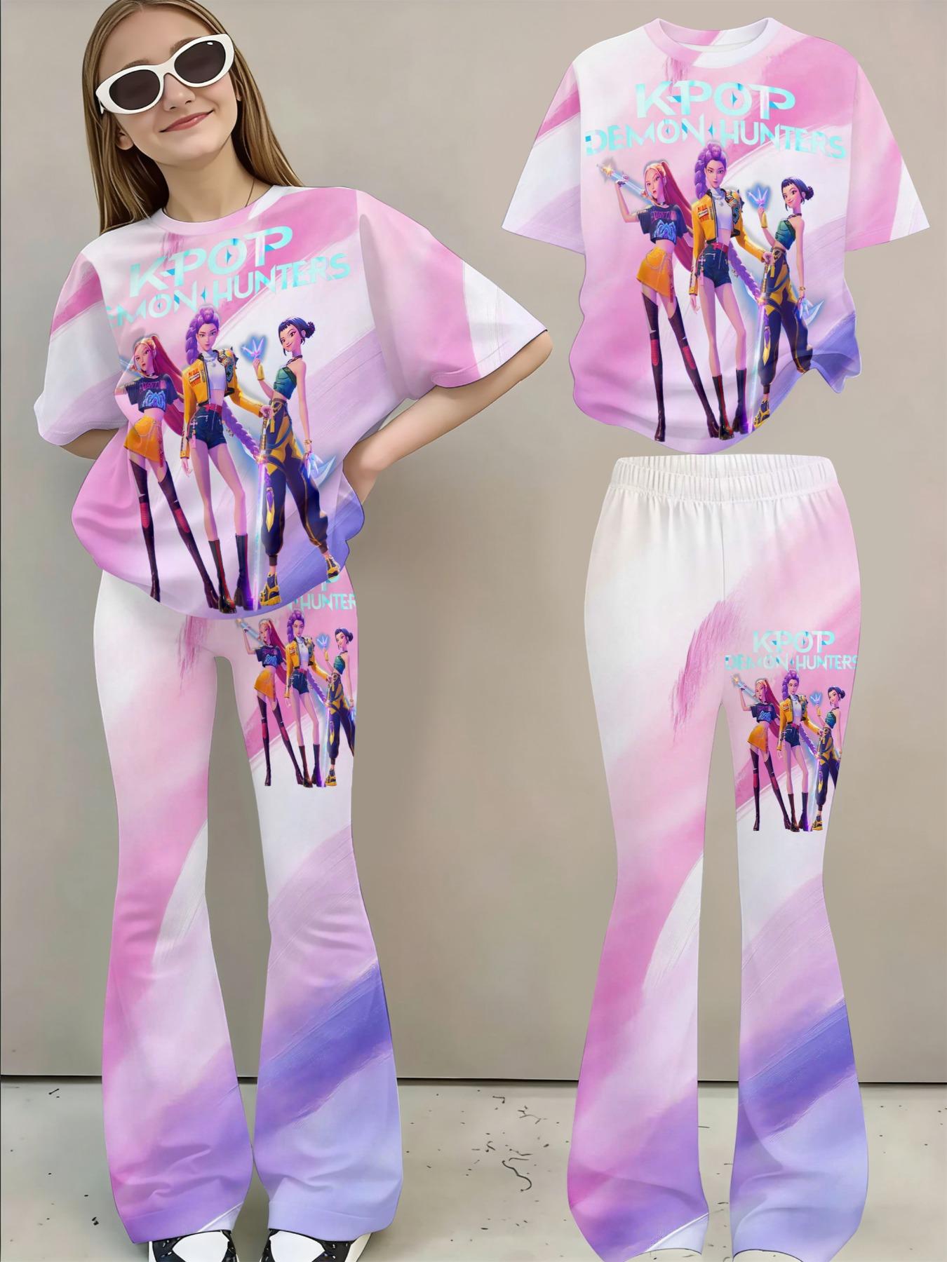 Girls' Gradient Tie-Dye Set, Anime Character Printed Short Sleeve Top & Bell-Bottom Pants Two-Piece, Casual All Seasons Wear