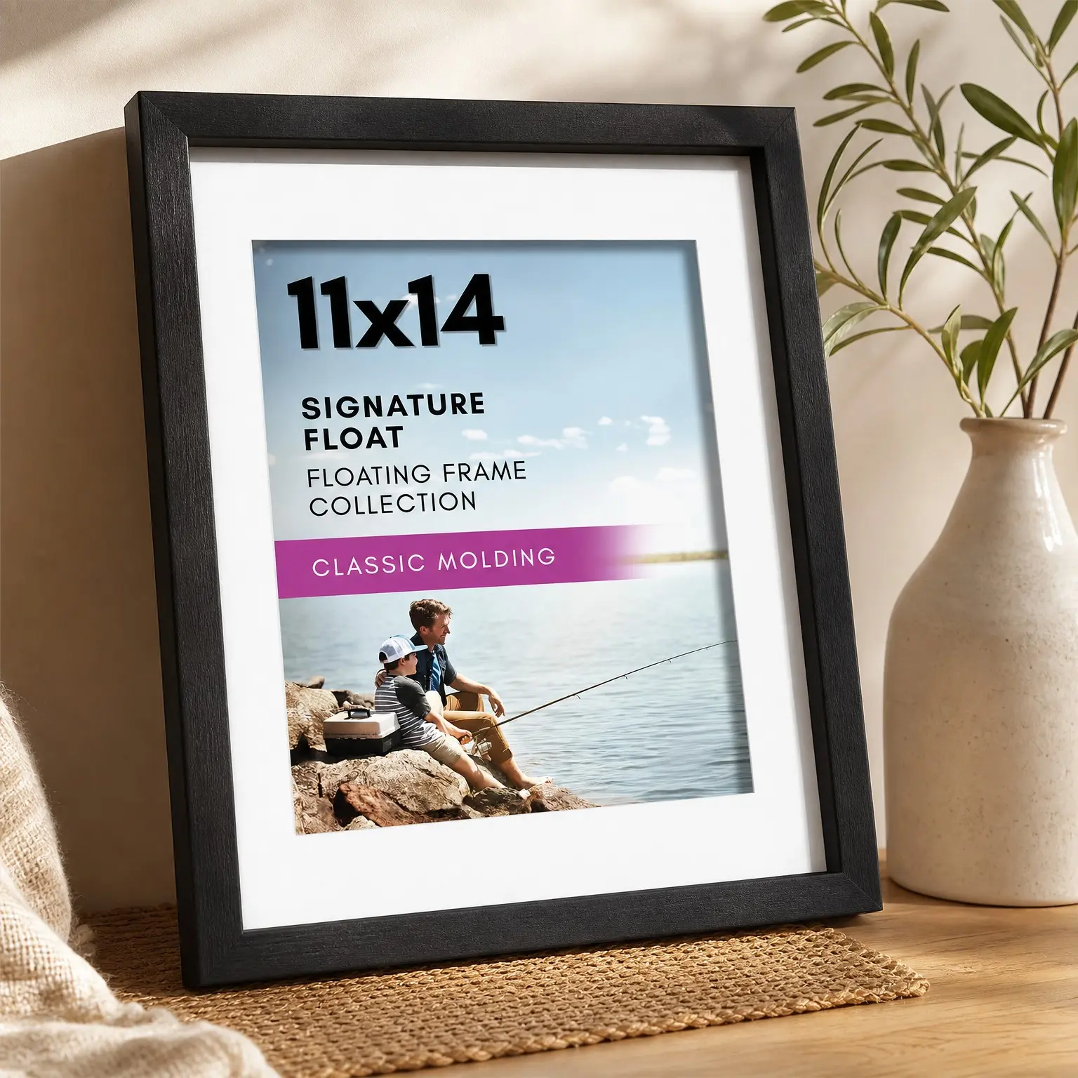 11x14 Floating Picture Frame with Polished Crystal-Clear Glass - Display 8x10 or 5x7 Photos - Black Wall Frame, Hangs Vertically or Horizontally, Sawtooth Hangers Included
