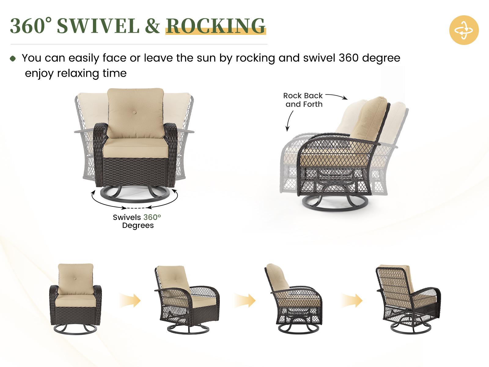 UDPATIO 3 Piece All-Weather Greenish Patio Furniture Set with Wicker Design, Rattan Rocking Chair, Glass Top Side Table Thickened Cushions Outdoor Deck Relax SpringGardening
