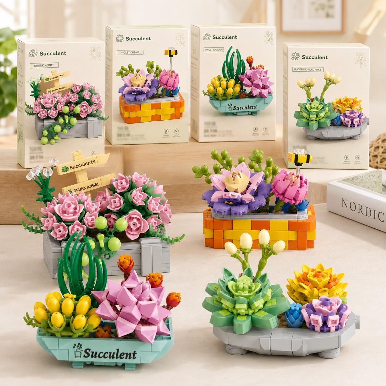 4 PC Micro Building Blocks Succulent Collection, Building Block Flowers, Floral Display Style, Four Decorative Plant Designs with Vivid Colors and Mini Pieces, Relaxing DIY Toy for Home Office Shelf Decor, Christmas Gift, Collectible Model