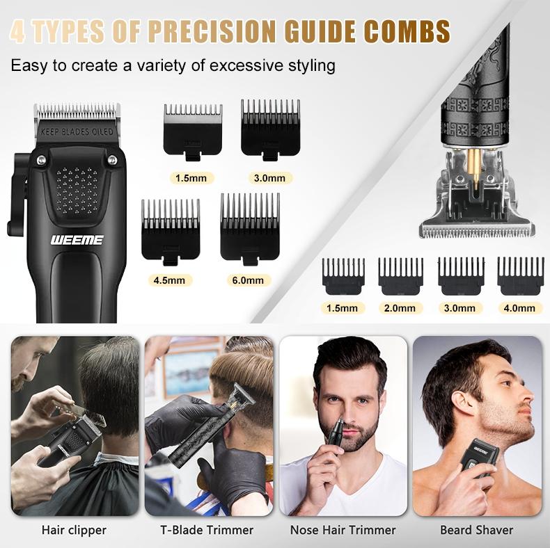 Weeme 3pcs/4pcs Blue Home Electric Hair Trimmer Set, USB Rechargeable, T-Head Trimmer, Shaver, Nose Hair Trimmer, Holiday Gift for Boyfriend, Hair Clippers Set