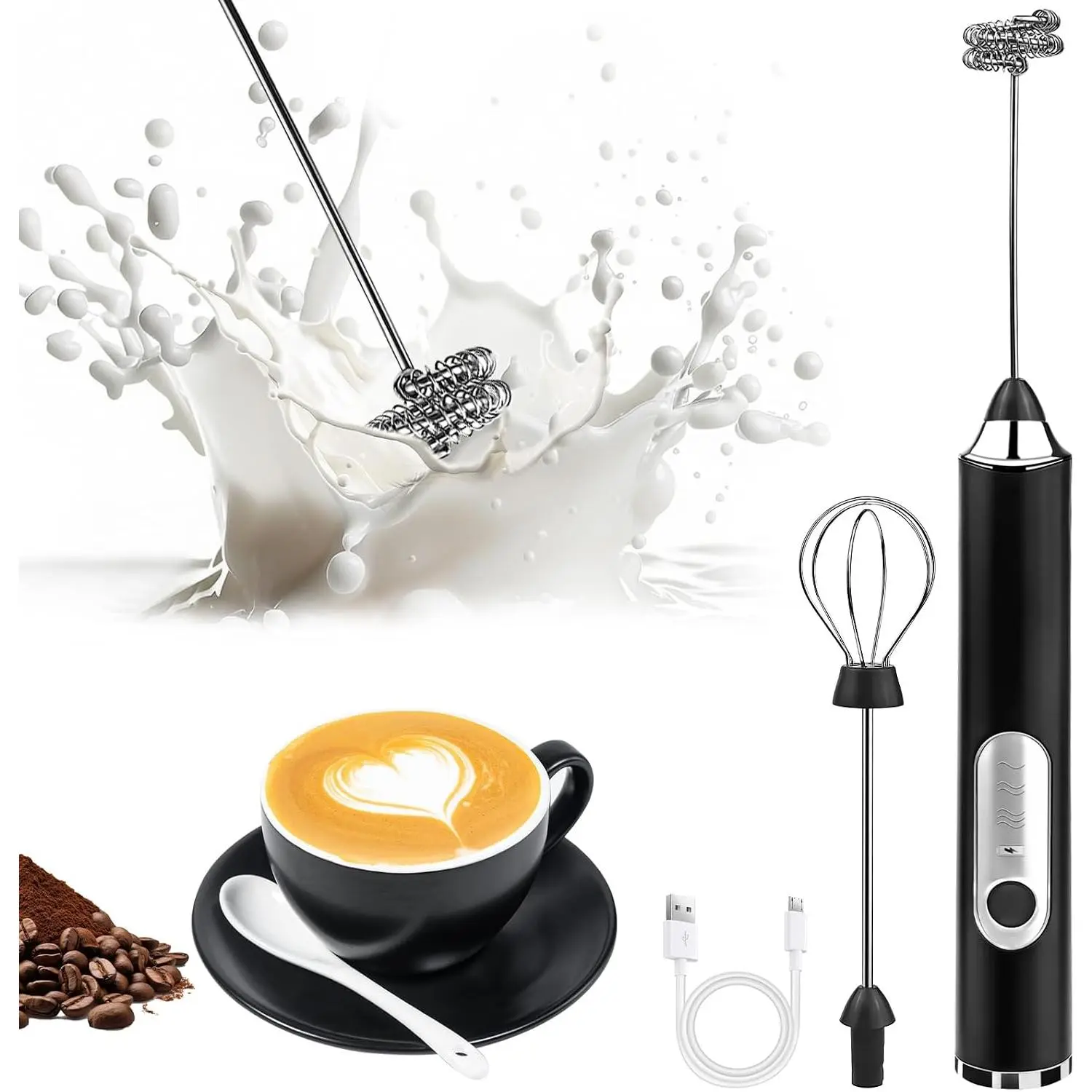 Milk Frother Handheld, Rechargeable Coffee Frother Wand, Drink Mixer, Black