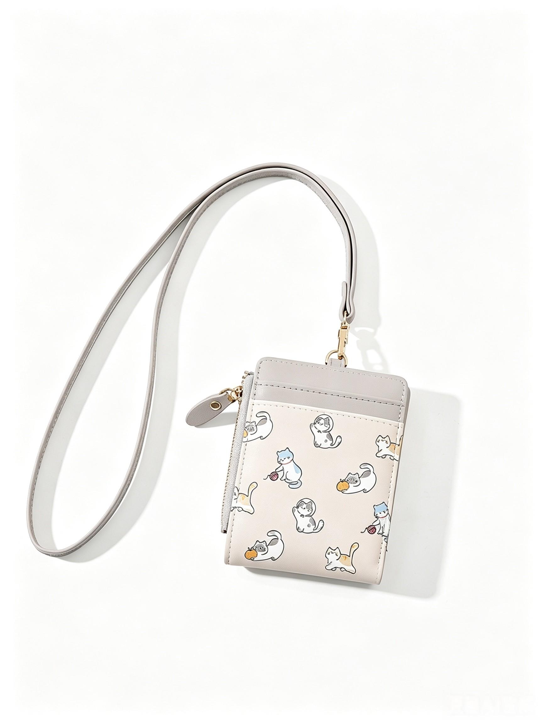 1PC Commute Neck Lanyard Card Holder, Student Campus ID Badge Case, Cute Cat Foldable Zipper Coin Purse, Cash & Card Storage Pouch for Shopping & Trips