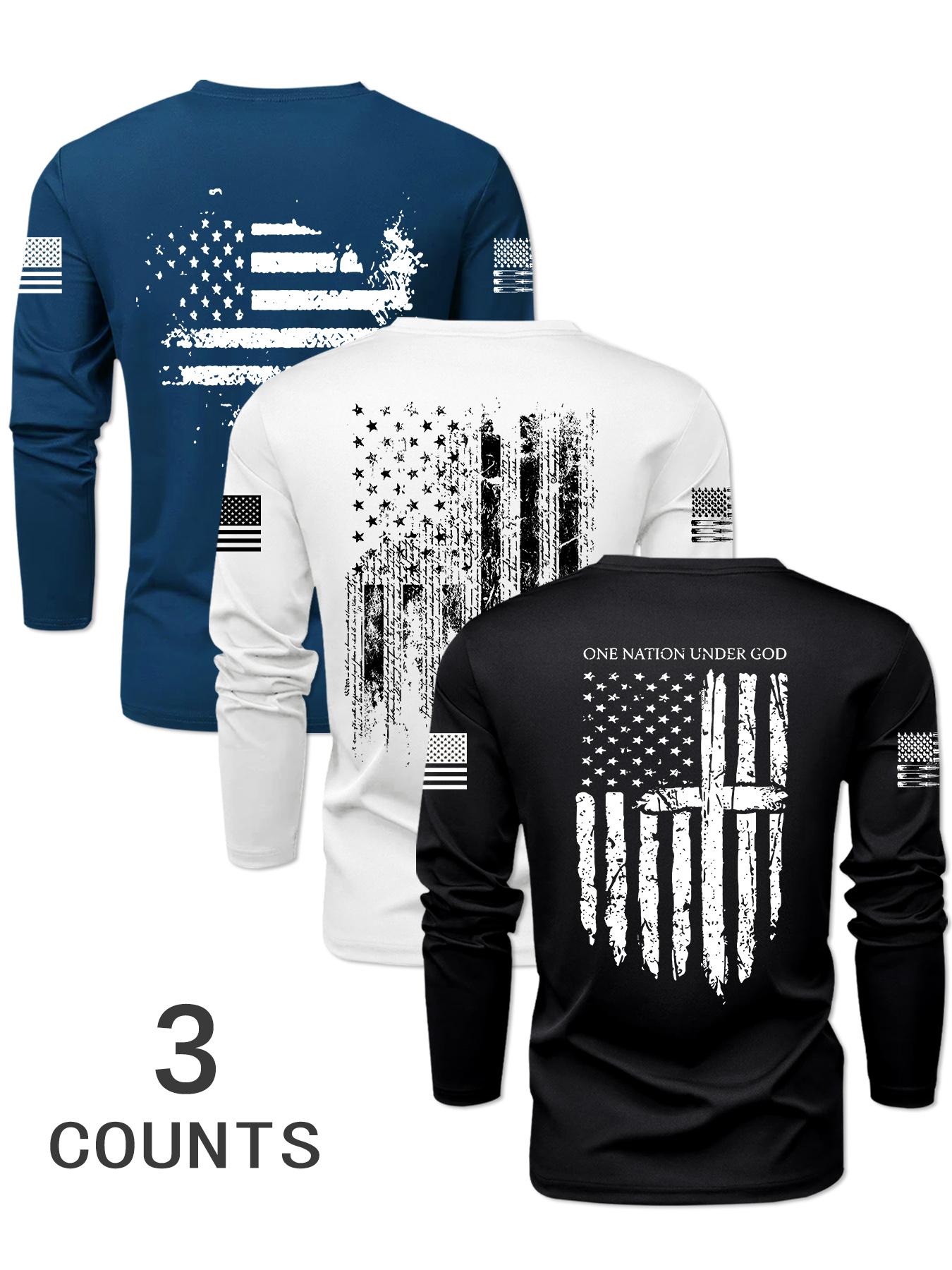 Men's Long Sleeve Round Neck T-Shirts, Casual Polyester Knit Tops with Flag Print, Fitted Style for Outdoor Leisure Daily Wear