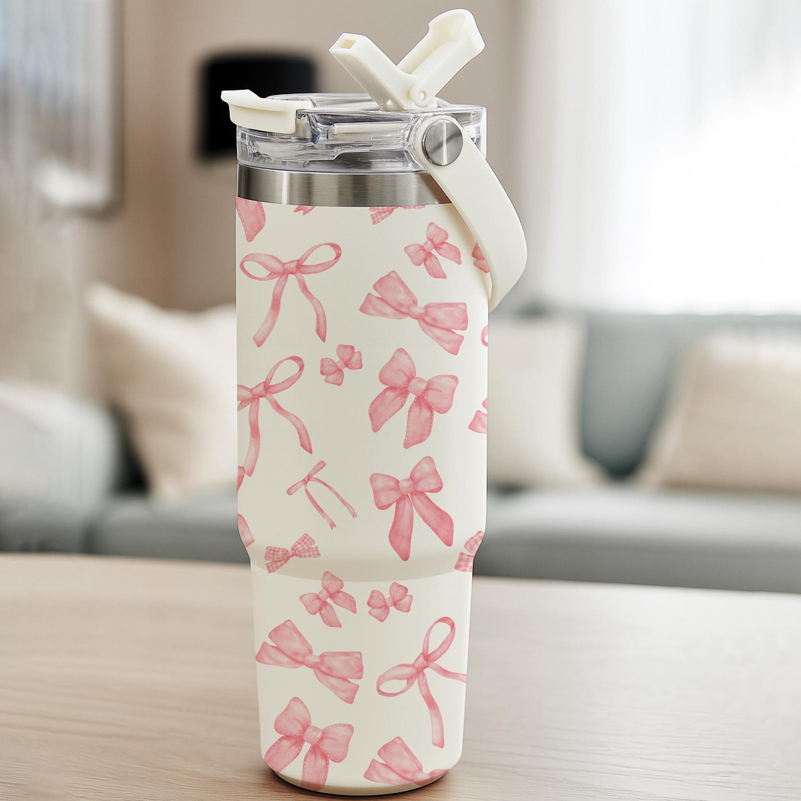 1 Pc 30oz skinny insulated mug, double wall thermal cup insulated thermos with leak-proof lid, pink bow style, hot cold drinks tumbler, gift for women, friends, birthday, Valentine’s Day, Christmas, keeps warm 12h cold 24h, cup for work school travel