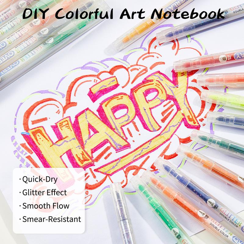 Glitter Highlighter Marker Pen, 6 Counts/set Double Color Highlighter Marker Pen, No Bleed Colors Highlighter Marker Pen for Journaling, Students School Office