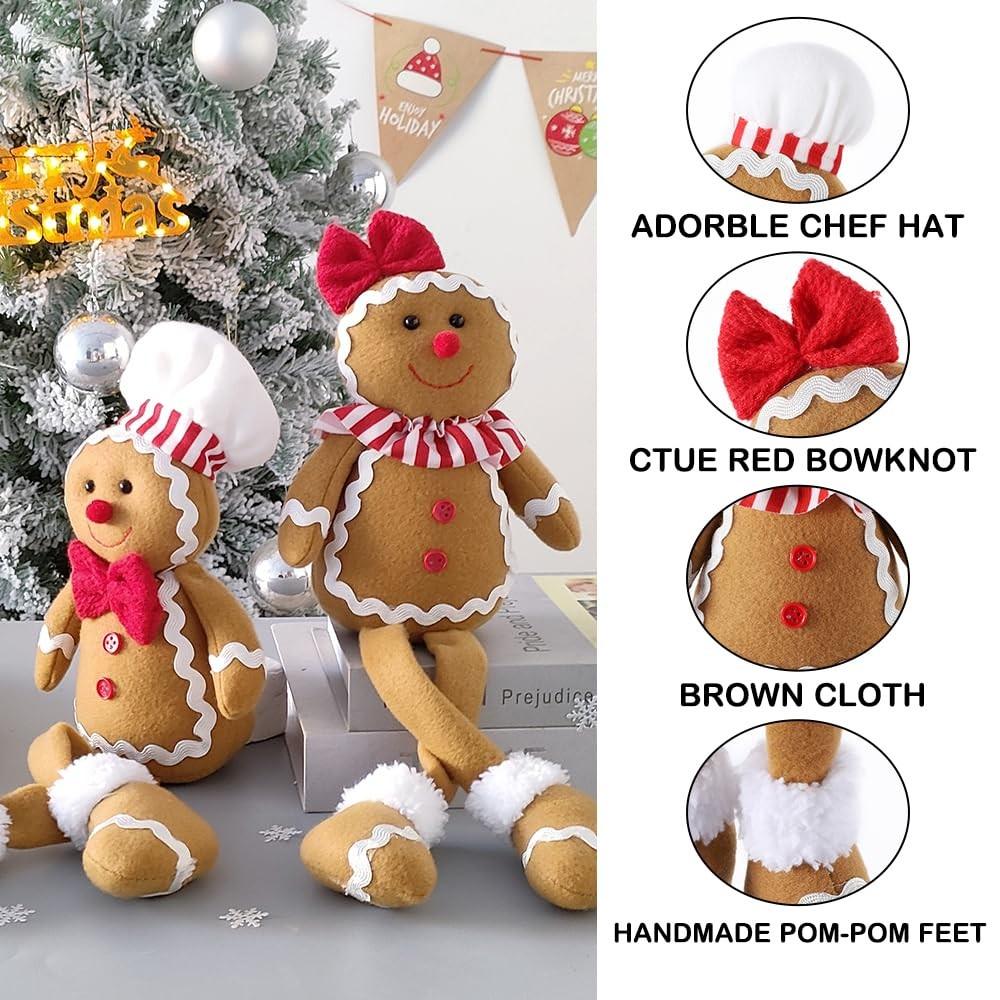 15-Inch Large Christmas Plush Gingerbread Man Doll, Boy Girl Version, Chef Hat and Bow, Decorative Ornament, Home Soft Toy, Holiday Decoration