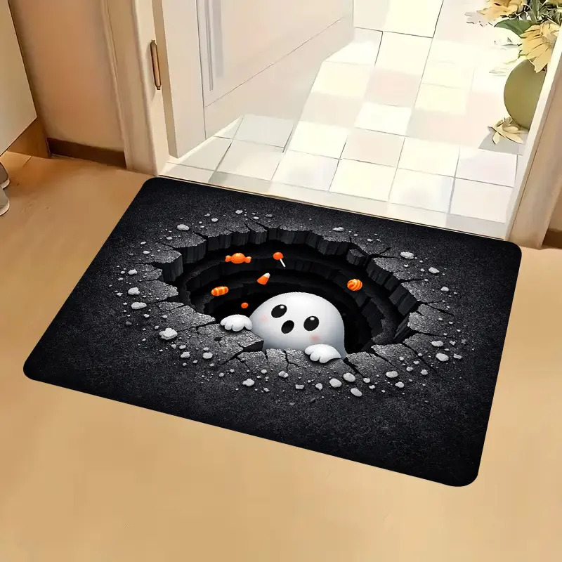 Realistic 3D Crack Hole Ghost Candy Print Halloween Doormat Optical Illusion Anti Slip Water Absorbing Entryway Mat For Porch Bedroom Kitchen Funny Spooky Home Decor