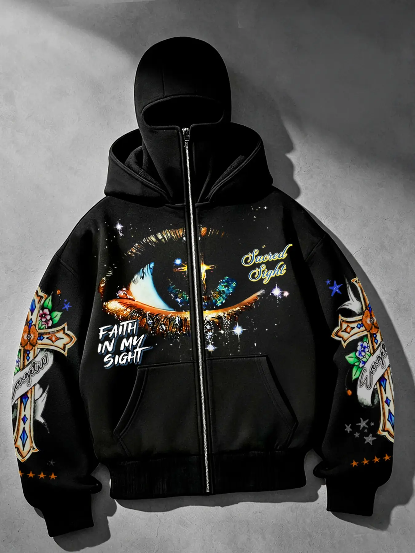 Men's Y2K Balaclava Hoodie with Mask, Zipper Jacket, Cosmic Eye Print, Heavyweight Fleece, Streetwear, Loose Fit, Long Sleeve