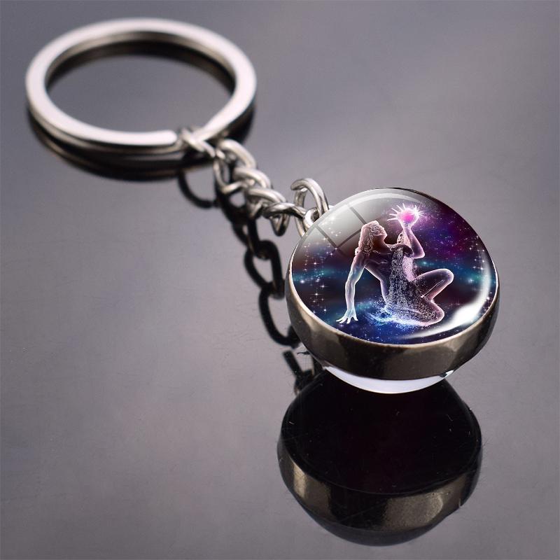 New Fashion Double Side Glass Ball Pendant Keychain 12 Zodiac Signs Keyring for Boyfriend Girlfriend Birthday Gifts
