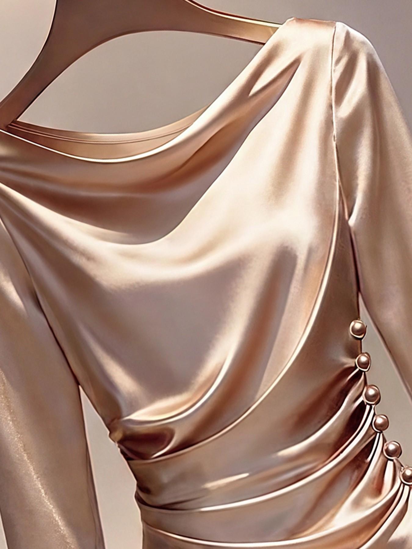 Champagne Color Midi Dress, Long Sleeve Elegant Chic Style Ruched, Knitted Glossy Fabric, Perfect for Office, Parties, Dates, Evening, Summer New Arrival
