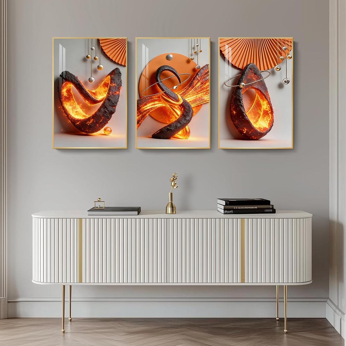 3 Counts Aluminum Alloy Framed Painting, Abstract Lava Flame Sculpture Pictures, Home Decoration For Living Room, Bedroom, Office, Restaurant, Hallway Wall Decor, Odorless Print Artwork, Luxury Perfect Gift For Friends And Family