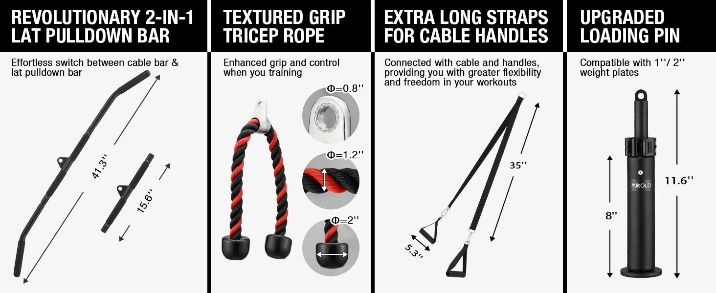 MIKOLO Fitness LAT and Lift Pulley System, Dual Cable Machine(70'' and 90'') with Upgraded Loading Pin for Triceps Pull Down, Biceps Curl, Back, Forearm, Shoulder-Home Gym Equipment(Patent)MIKOLO Outdoorfun
