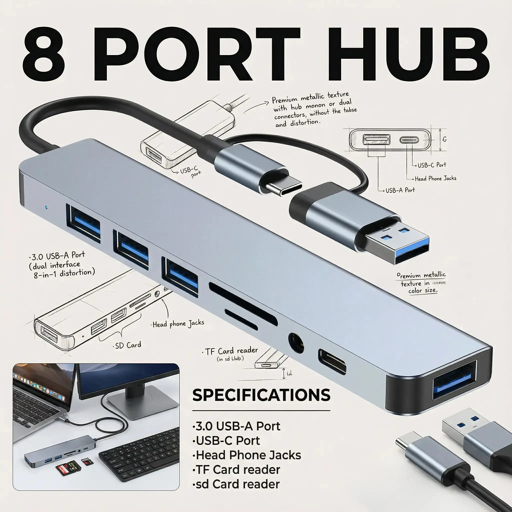 Dual USB A/C Input Dongle Revodok Docking Station 10 in 1 Extender USB C Hub Type C to PD Data Ports TypeC Multiport Adapter, 4USB Ports TF/SD Card Reader 3.5mm Audio Jack C Port for iPhone/Samsung/Macbook Air Pro/iPad Pro/XPS Computer Camera data transfe