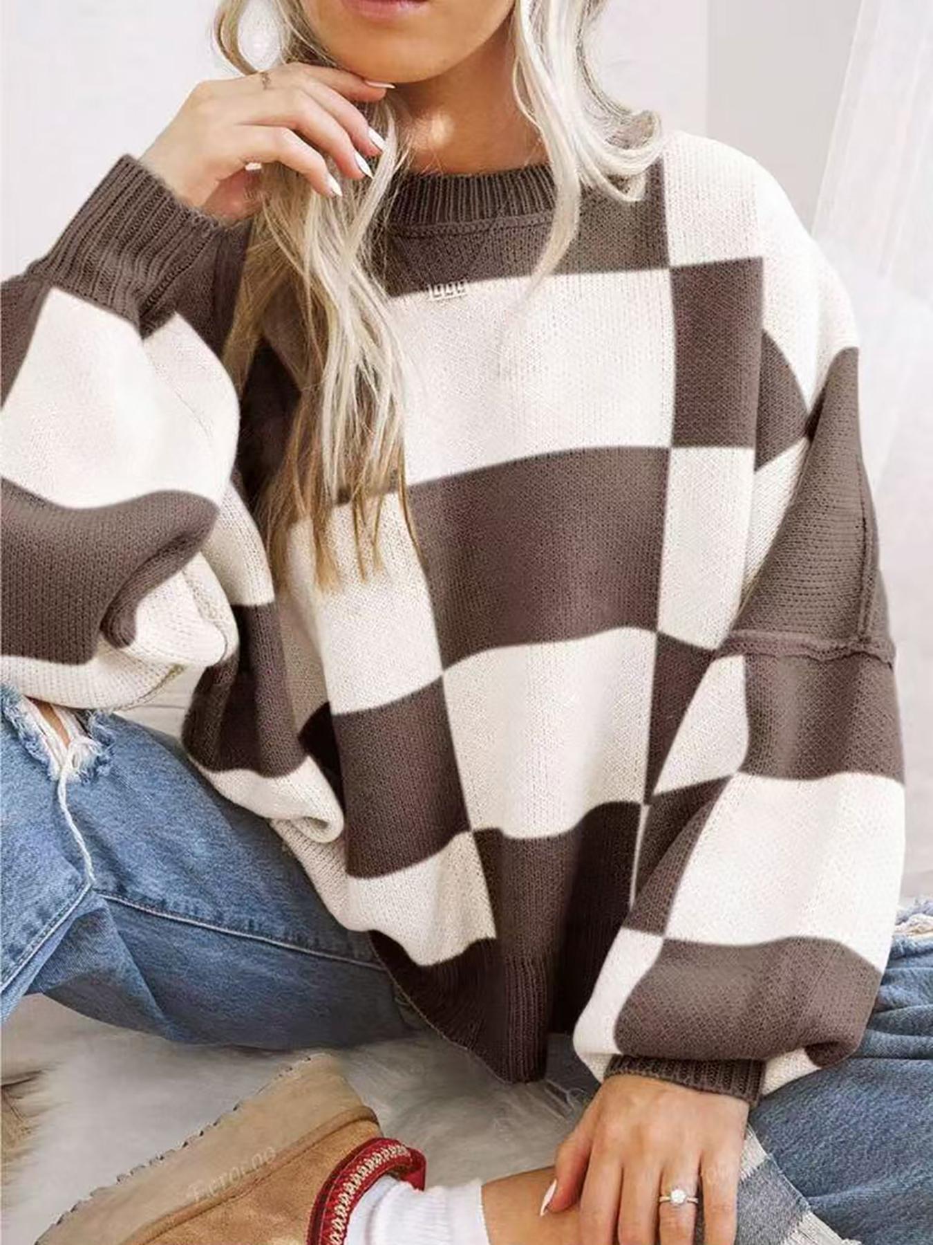 Women's Loose Fit Colorblock Sweater, Vintage Plaid Knit Pullover, Fall Winter Casual Round Neck Top, Elegant Patchwork Design, Womenswear