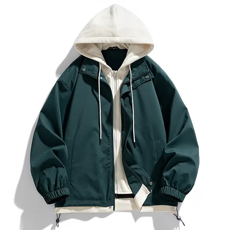 Men's Color-Blocked Faux 2-Piece Double-Layered Polyester Hooded Patchwork Jacket - Stylish American Street Casual Outerwear for Commuting, Outdoor Wear