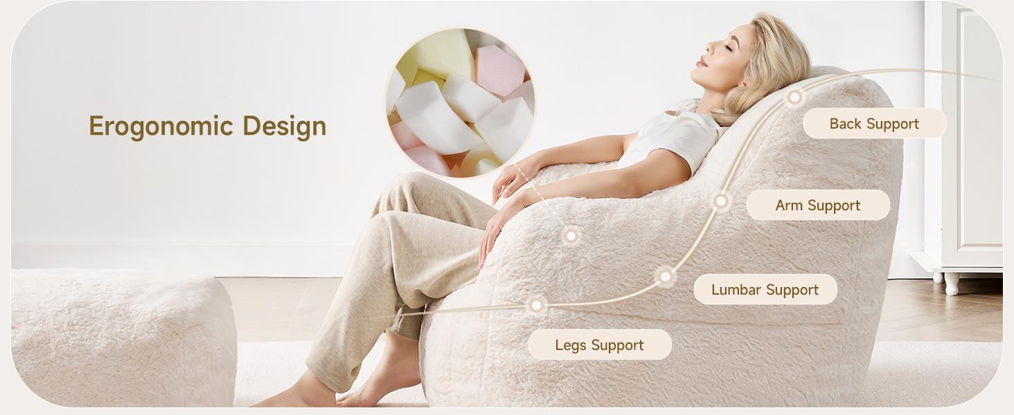 【SPRING GLOW UP】ONBRILL Giant Bean Bag Chairs for Adults with Ottoman, Faux Fur Boneless Chaise Couch Filler with Memory Foam,Large BeanBag Lounge Lazy Floor Sofa Accent Chair for Living Room,Bedroom & Game Rooms