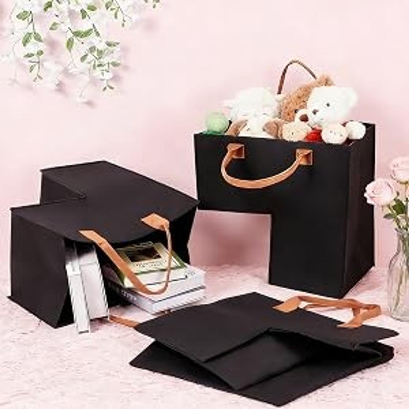 3Pcs Foldable Felt Stair Basket, Stair Step Storage Organizer with Leather Handle, Ideal for Books Clothes Computers Magazines Small Gadgets, Dark Gray
