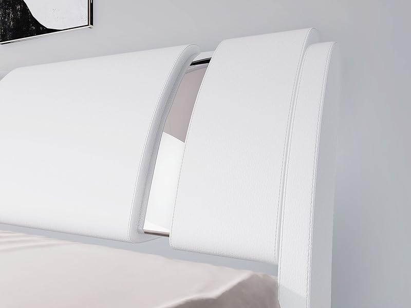 Allewie Queen Size Platform Bed Frame with Iron Piece Decor, Faux Leather Upholstered Bed with Curved Adjustable Headboard, Wooden Slats Support, No Box Spring Needed, Modern Style, White