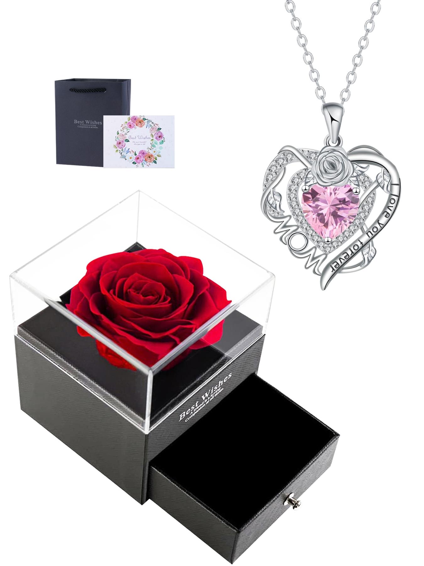 Rose Heart Mom Necklace With Rose Jewelry Gift Box, Love Heart Necklace, Flower Heart Pendant Necklace for Mother, Christmas Birthday Mother's Day Jewelry Gift for Mom Grandma