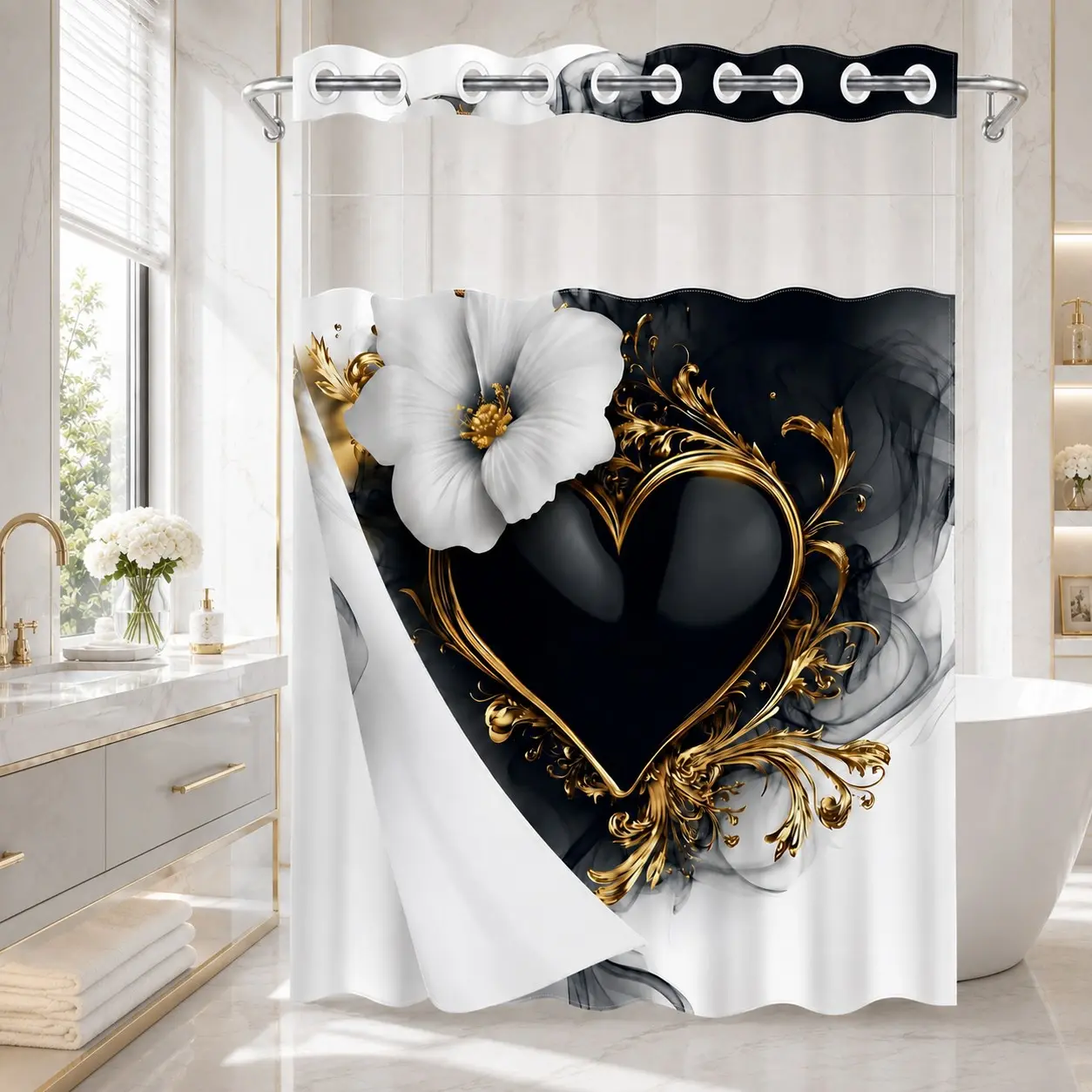 No Hooks Black Gold Heart Floral Shower Curtain with Snap-In Liner, Double-Layer Waterproof Fabric, Sheer Mesh Top, Removable White Liner, Luxury Baroque Bathroom Decor, Hotel, Dormitory and Bathroom Accessories, 72x75in