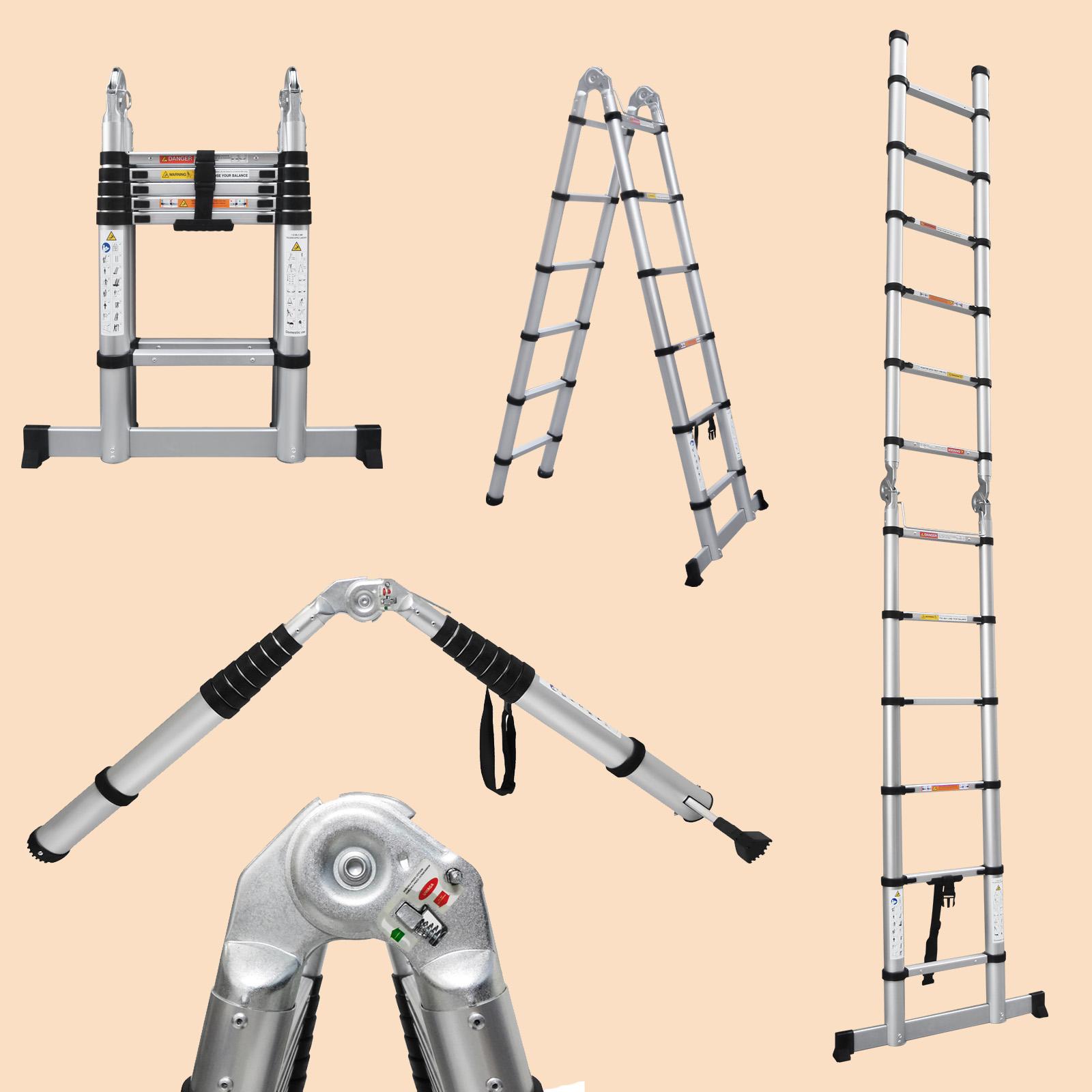 Telescoping Ladder Aluminum A-frame Extension Ladder, Folding Ladder with Stabilizer Bar and Anti-Slip Feet, 330lbs Max Load Capacity, for Home, Office ( 6.2+6.2FT / 8.2+8.2FT )
