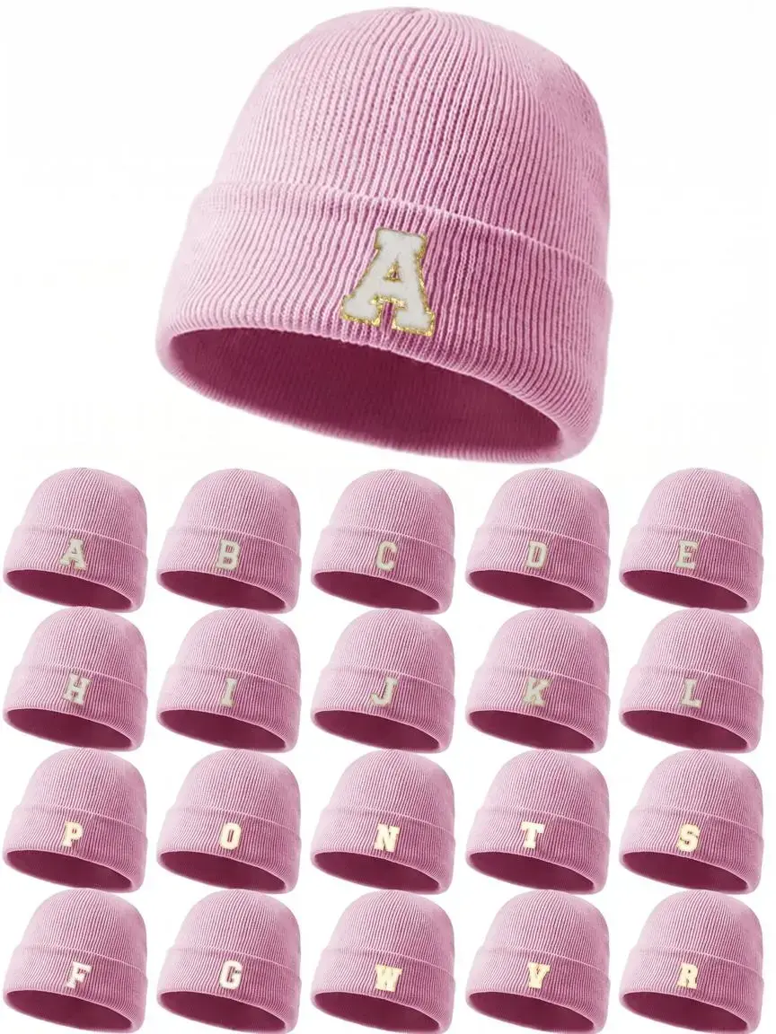 Customizable Letter Logo Custom Initials Beanie Hat, Y2K Style Unisex Knitted Winter Cap, Knit Hats Loose-Fitting Foldable Woolen Hat for Outdoor Activities
