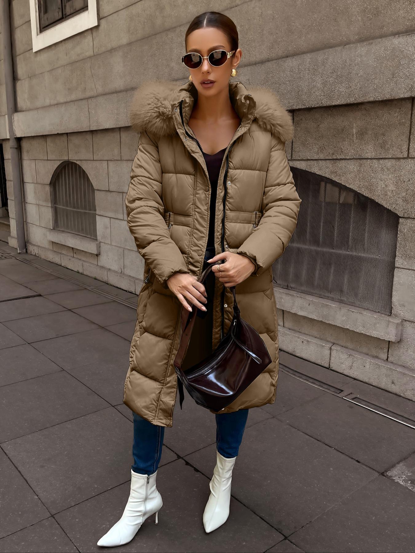 Women's Plus Size Winter Cotton Jacket, Hooded Warm Outdoor Commuter Coat with Fur Collar, Pocket Zipper, Waist Belt, Long Sleeve