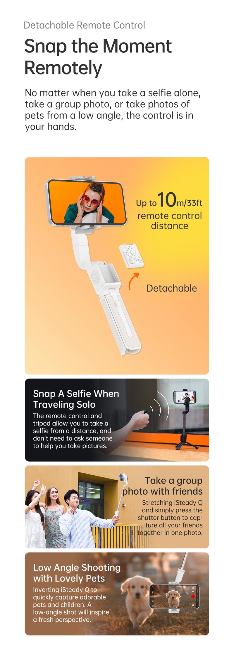 Hohem iSteady Q Selfie Stick Gimbal Stabilizer, 2 Axis Face Tracking & 360° Rotation Tripod with Wireless Remote, 4 in 1 Portable Tripod w/Extendable Stick