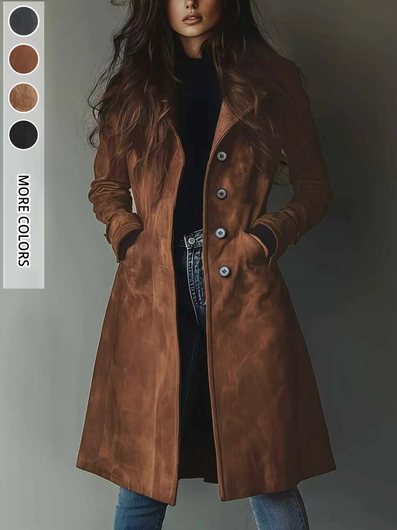 Women's Suede Coat Elegant Vintage Design Durable Material Single Button Mid-Length Commuter Outdoor Wear
