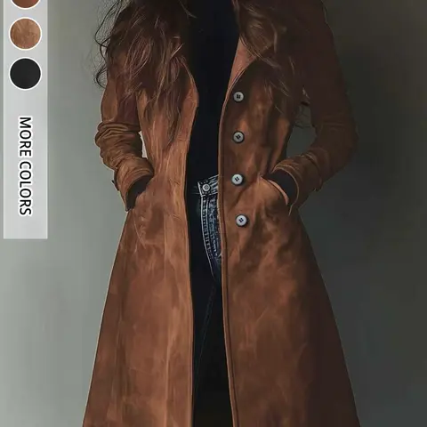 Women's Suede Coat Elegant Vintage Design Durable Material Single Button Mid-Length Commuter Outdoor Wear