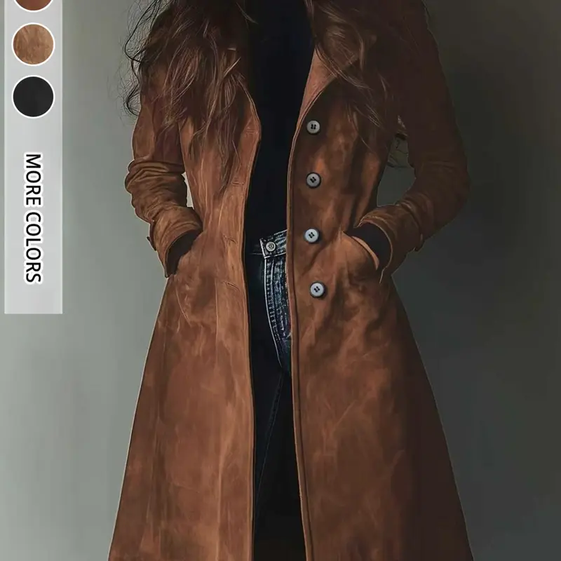 Women's Suede Coat Elegant Vintage Design Durable Material Single Button Mid-Length Commuter Outdoor Wear