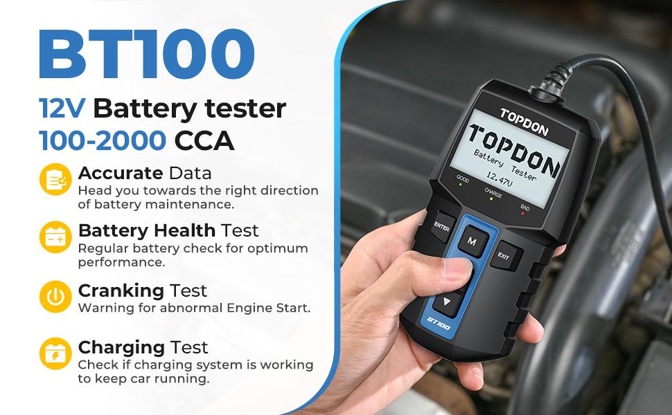 TOPDON BT100 Battery Tester,12V 100-2000CCA Car Battery Tester with Cranking Charging Tests, Ideal for DIYers & Auto Repair Shops