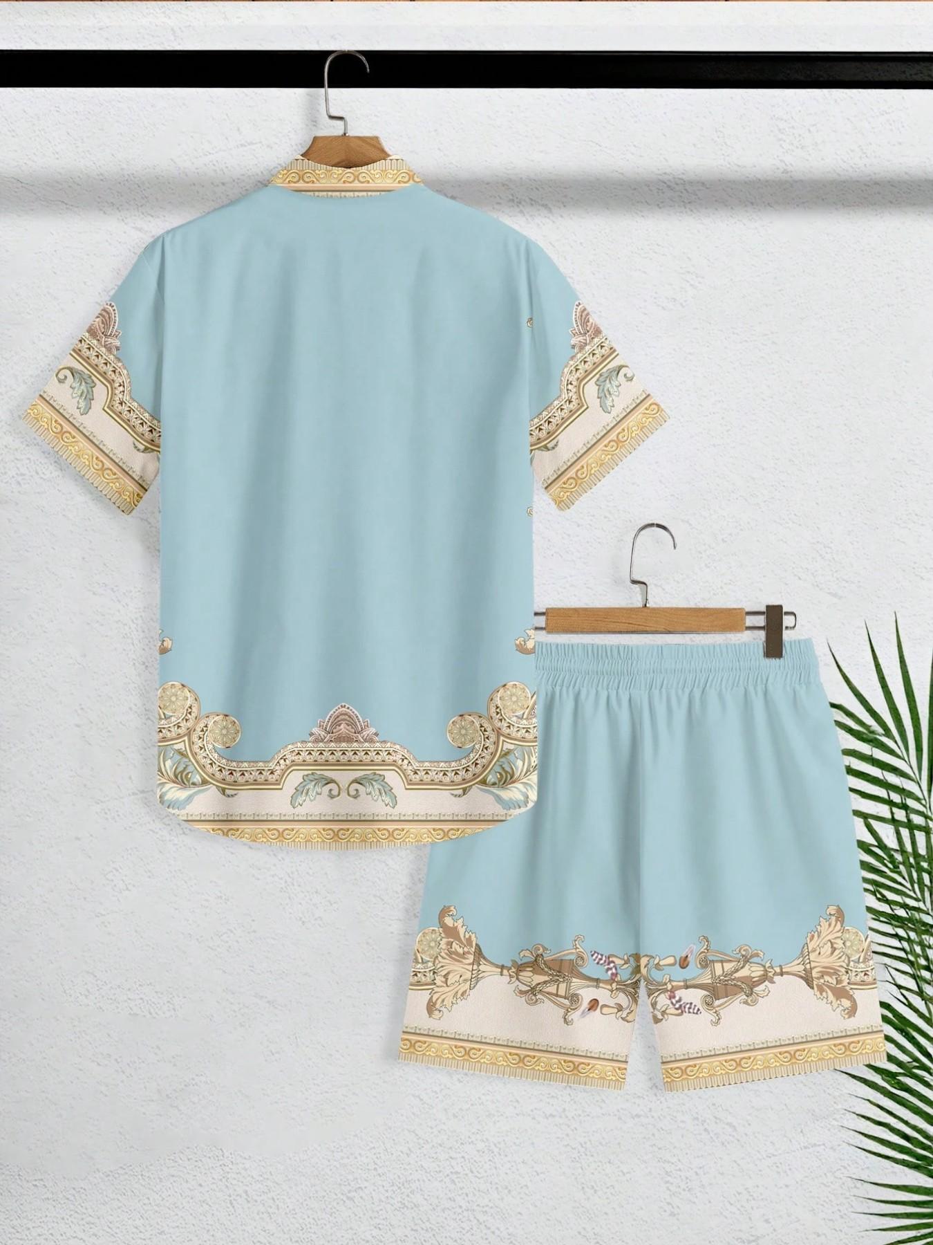 Men's Light Blue Baroque Scroll Two-Piece Set, Vintage Floral Vase Print Collar Shirt + Drawstring Shorts, Casual Loose-Fit All-Season