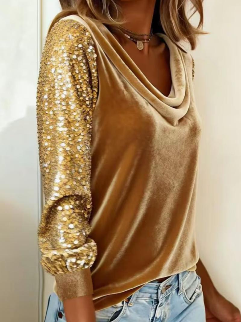 Women's Fashion Plus Size Velvet Puff Collar Long Sleeve T-Shirt, Sequin Patchwork Top, Casual Style, Comfortable Fit