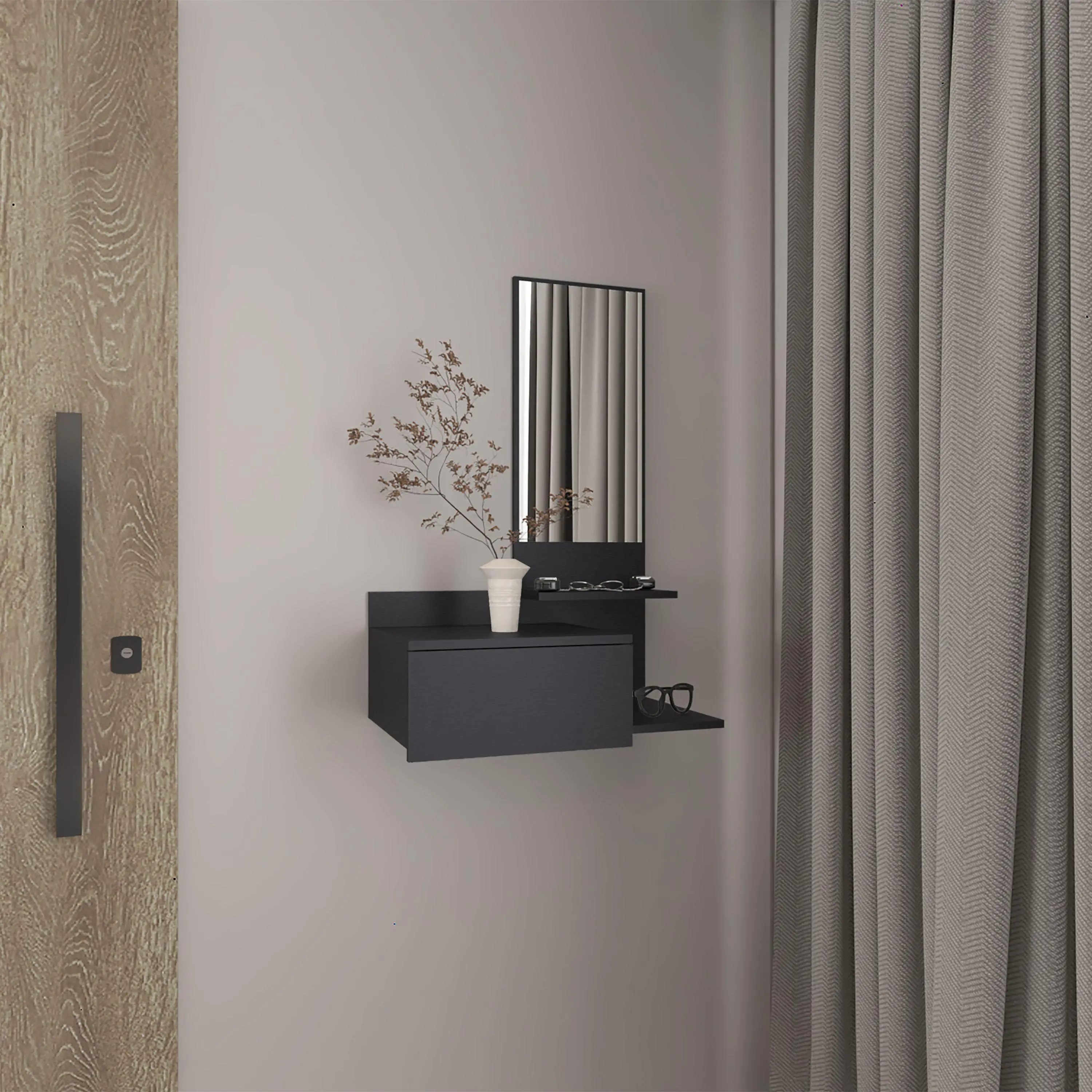 Black Floating Console Table with Mirror, Full-Extension Drawer, and 3-Tier Shelf for Entryway, Living Room, or Bedroom