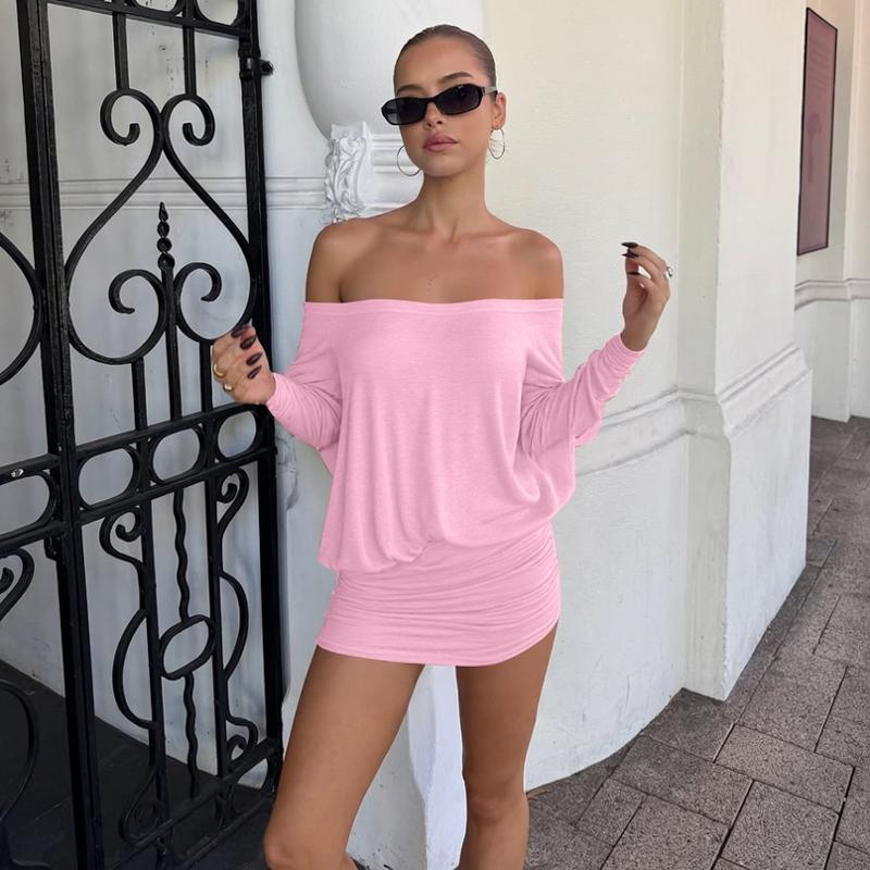 Women's Sheer Ruched Casual Party Dress, Off-The-Shoulder Long Sleeve Fit Women's Mini Dress for Spring & Fall, Womenswear Fashion, Lady