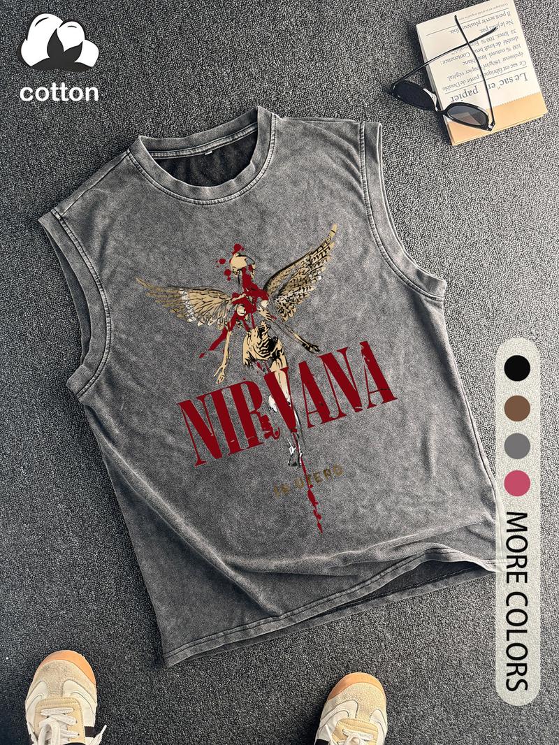 Dark angel print retro distressed men's vest, round neck, trendy sleeveless top, suitable for music lovers, men's summer wear.