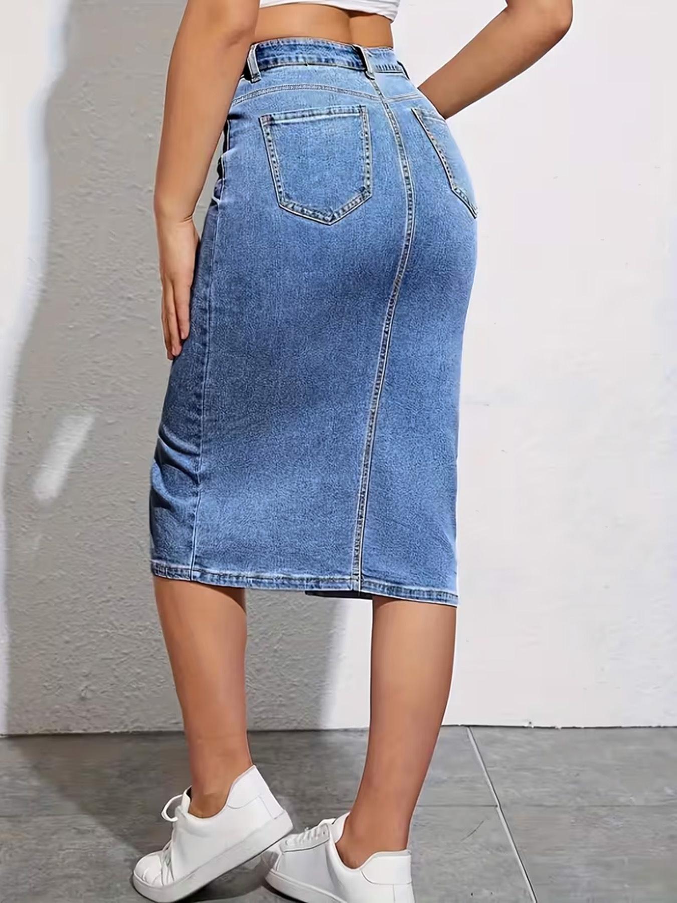Women's Casual High-Waisted Stretch Denim Midi Skirt with Front Slit, Slim Fit & Comfortable Half-Length Skirt for All-Season Everyday Wear, Casual Fashion Skirt